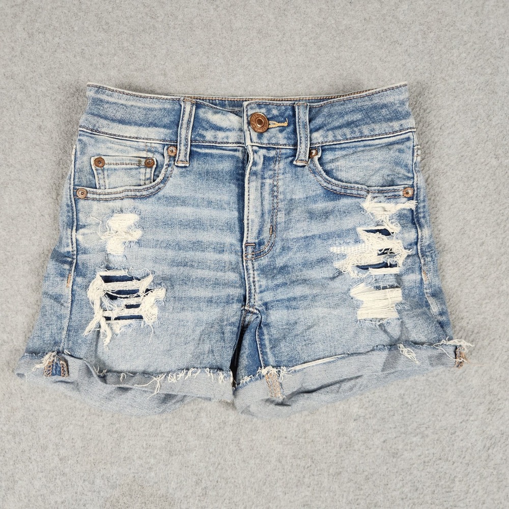 American Eagle Shorts Womens 00 Blue Next Level Stretch Distressed Frayed Hem